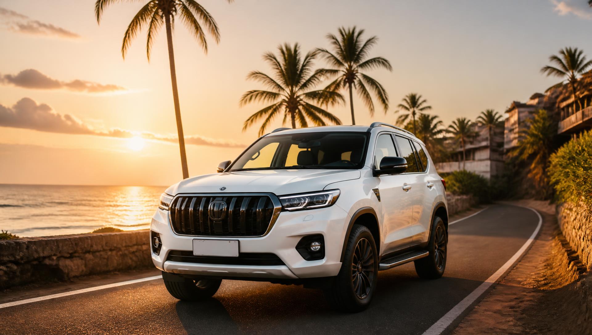Yello Automotive SUV on a coastal road in Ghana at sunset